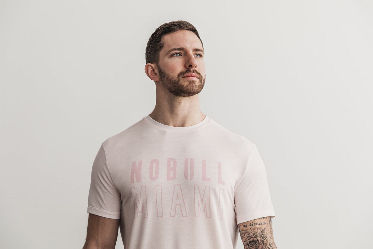 Nobull Miami Men\'s T Shirts Pink | Australia (EQ9384)